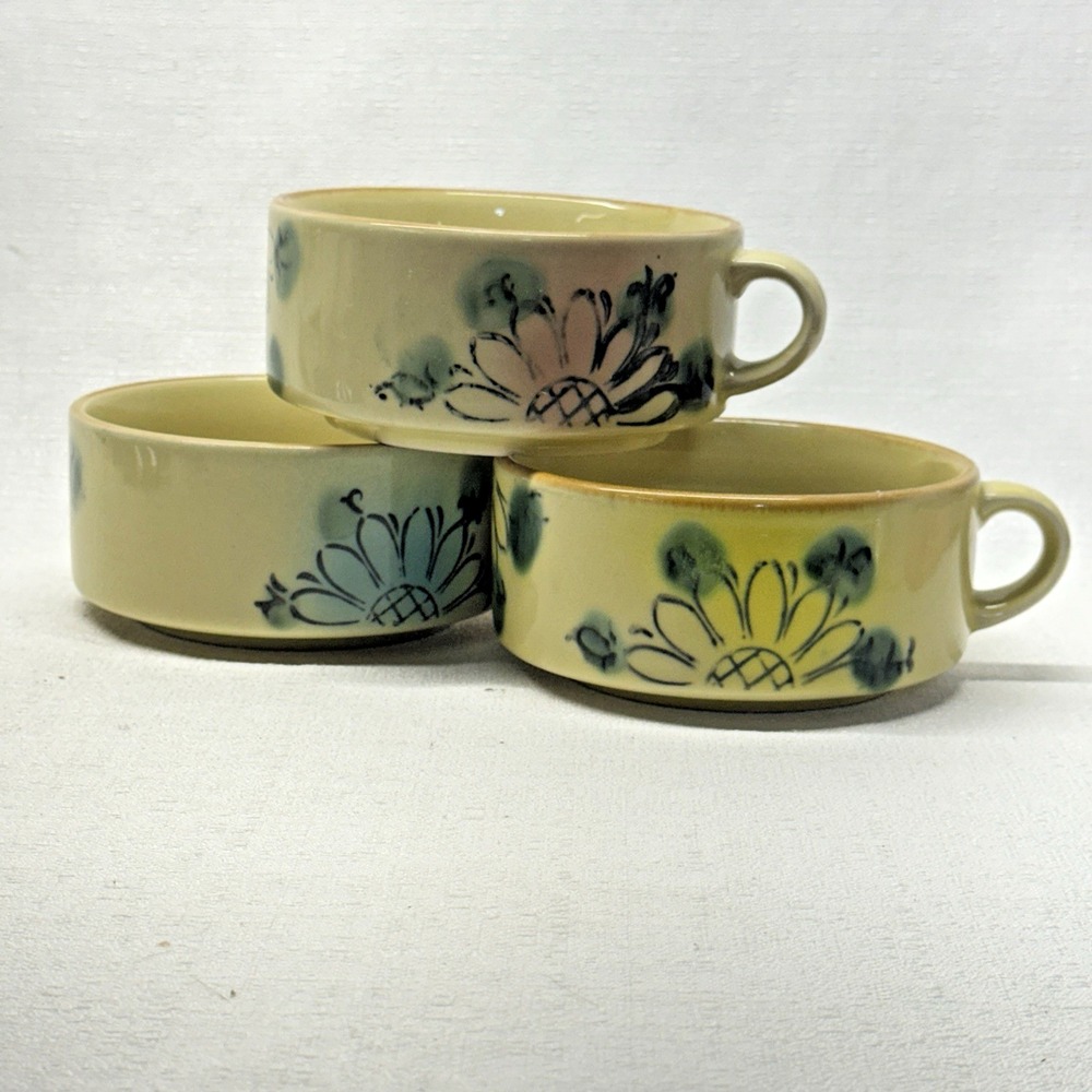 Vintage Floral Soup Mugs‎ Set/3 Yellow Stoneware Hand Painted Retro Cottagecore